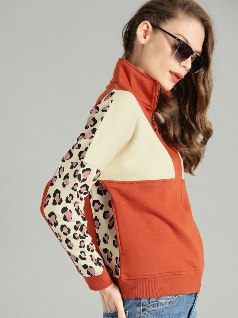 

Roadster Women Orange & Beige Colourblocked Sweatshirt