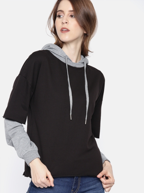 

Roadster Women Black & Grey Solid Hooded Sweatshirt