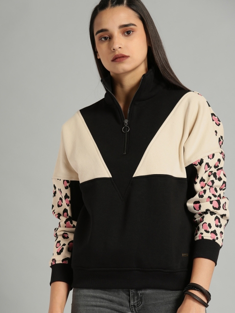 

Roadster Women Black & Beige Colourblocked Pullover Sweatshirt