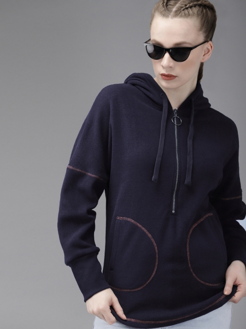 

Roadster Women Navy Blue Solid Hooded Sweatshirt