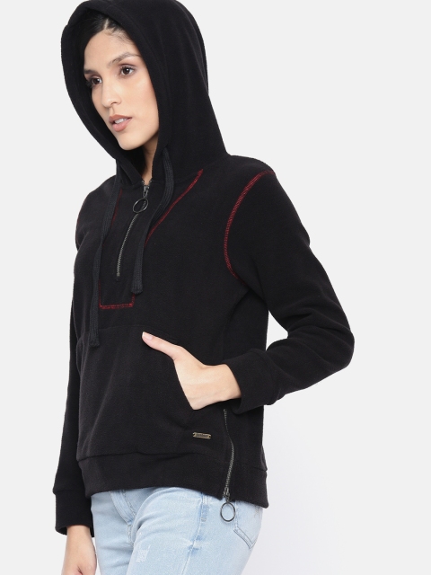 

The Roadster Lifestyle Co Women Black Solid Hooded Sweatshirt