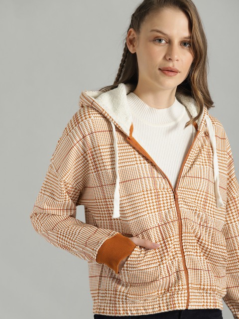 

Roadster Women Mustard Yellow & White Checked Hooded Sweatshirt