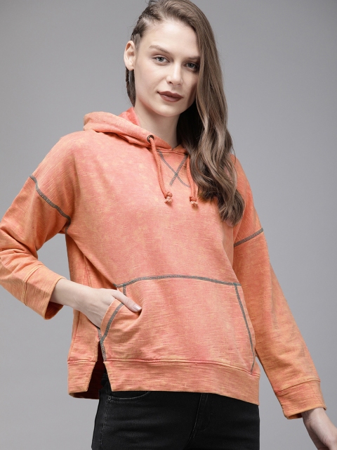 

Roadster Women Coral Orange Dual Tone Solid Hooded Sweatshirt
