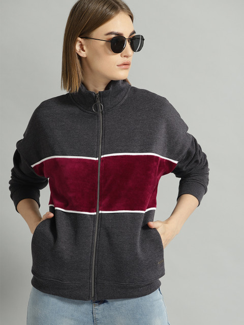 

Roadster Women Charcoal Grey & Maroon Colourblocked Sweatshirt
