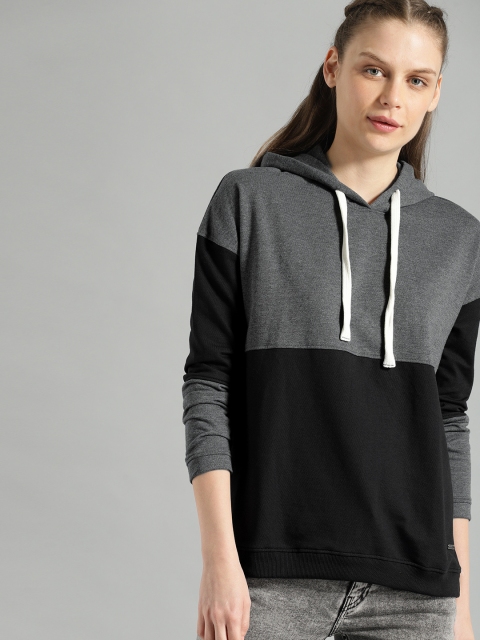 

Roadster Women Charcoal Grey & Black Colourblocked Hooded Sweatshirt