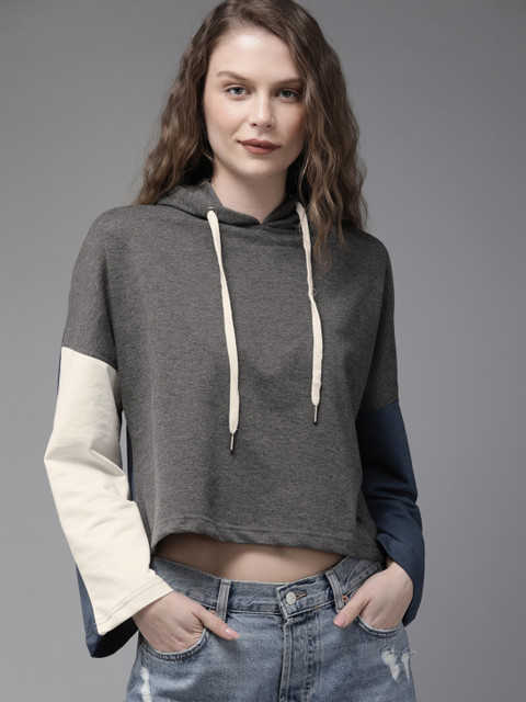

Roadster Women Charcoal Grey Solid Hooded Cropped Sweatshirt