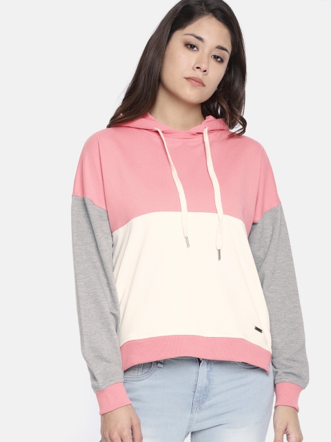 

Roadster Women Pink & Off-White Colourblocked Hooded Sweatshirt