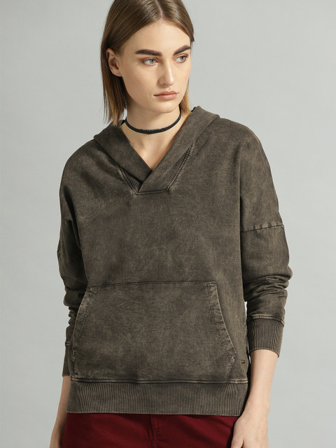 

The Roadster Lifestyle Co Women Charcoal Grey Solid Hooded Sweatshirt