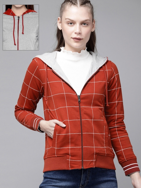 

Roadster Women Red & Grey Checked Hooded Sweatshirt