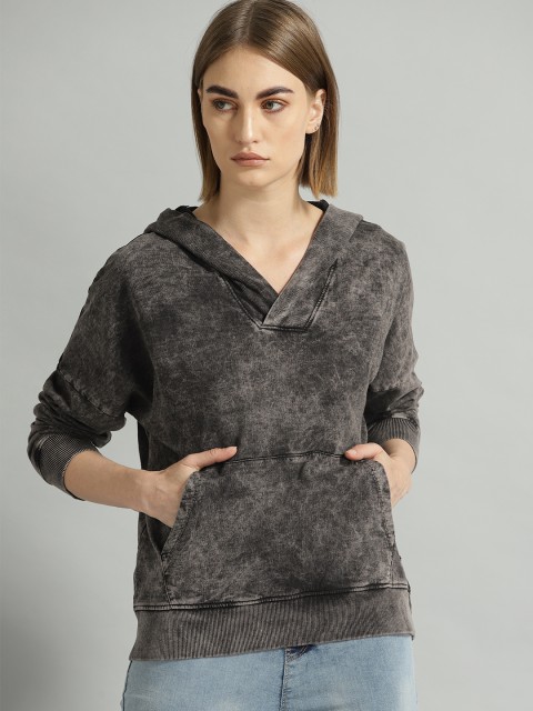 

Roadster Women Charcoal Grey Solid Hooded Sweatshirt