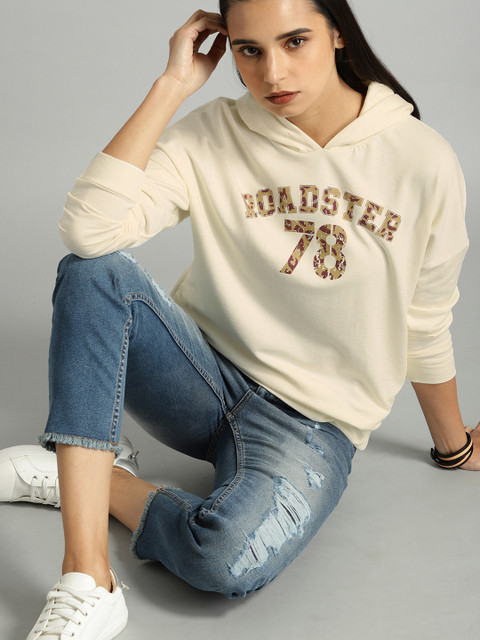 

The Roadster Lifestyle Co Women Off-White Printed Hooded Sweatshirt