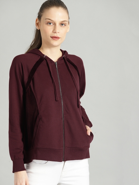 

Roadster Women Burgundy Solid Hooded Sweatshirt