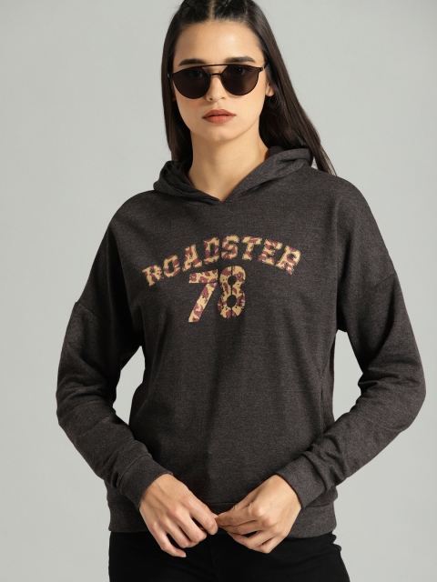 

Roadster Women Charcoal Printed Hooded Sweatshirt