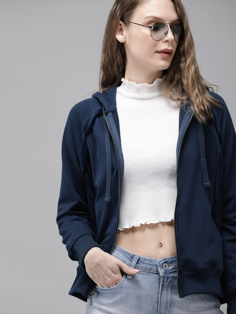 

Roadster Women Navy Blue Solid Hooded Sweatshirt
