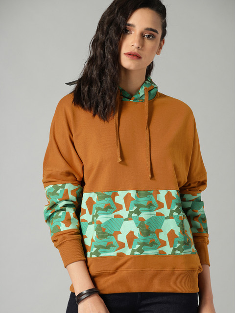 

Roadster Women Mustard & Green Printed Hooded Sweatshirt