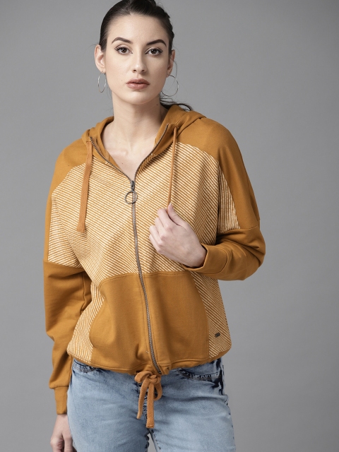 

Roadster Women Mustard Yellow & Beige Hooded Striped Sweatshirt
