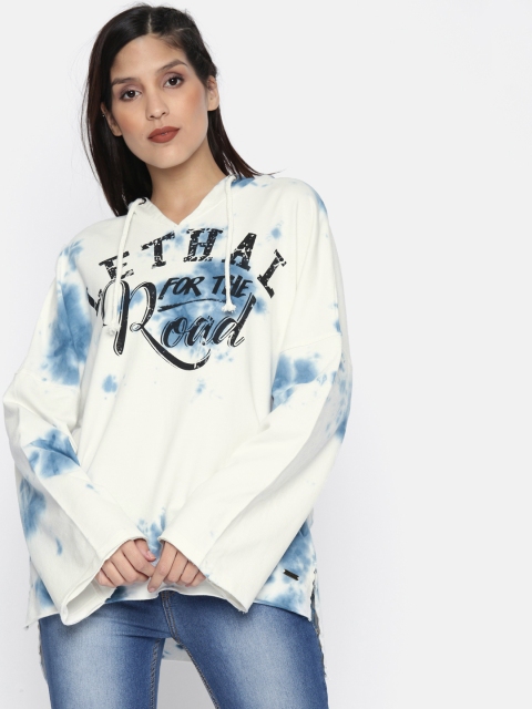 

Roadster Women White & Blue Printed Hooded Tie & Dye Sweatshirt