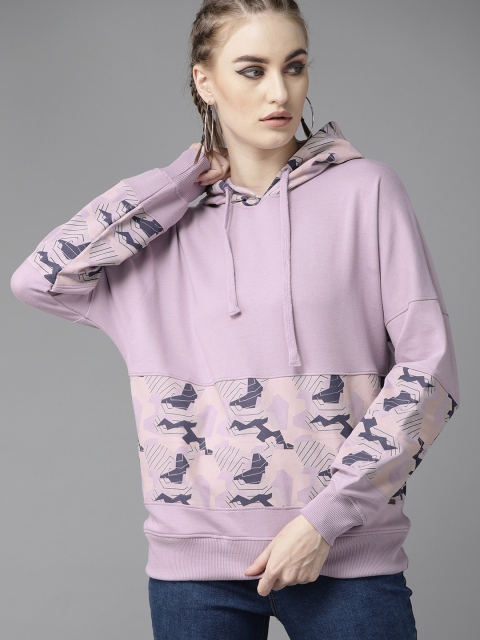 

Roadster Women Lavender & Navy Blue Printed Hooded Sweatshirt