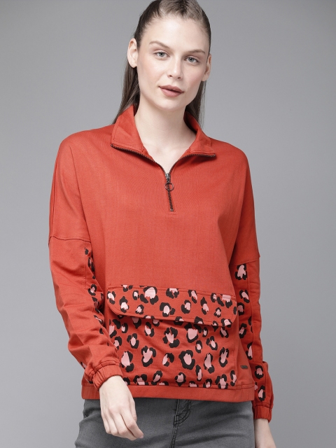 

Roadster Women Rust Orange Solid Sweatshirt With Printed Detailing