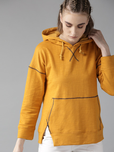

Roadster Women Mustard Yellow Solid Hooded Sweatshirt