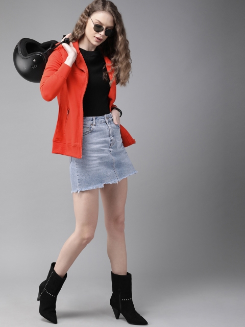 

Roadster Women Coral Orange Solid Front-Open Sweatshirt