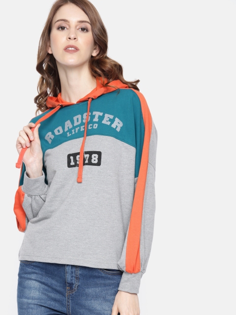 

Roadster Women Grey Melange & Teal Green Printed Hooded Sweatshirt