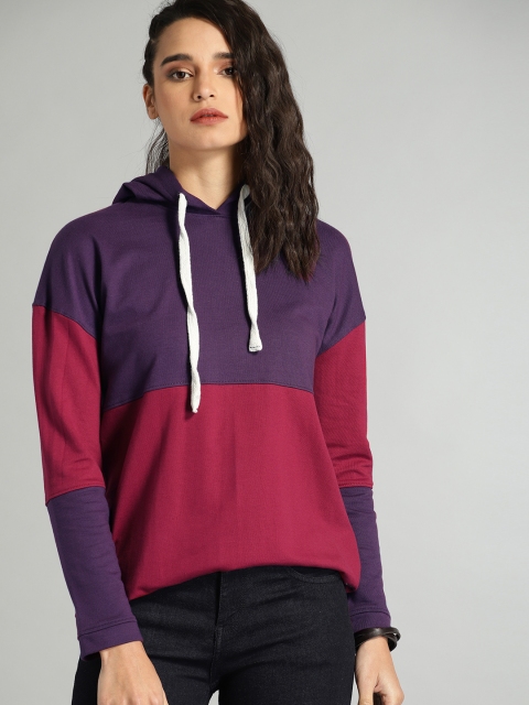 

Roadster Women Purple & Pink Lightweight Colourblocked Hooded Sweatshirt