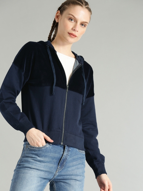 

Roadster Women Navy Blue Solid Hooded Sweatshirt