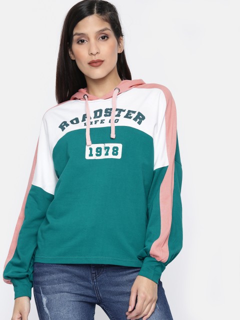 

Roadster Women Green & White Colourblocked Hooded Sweatshirt