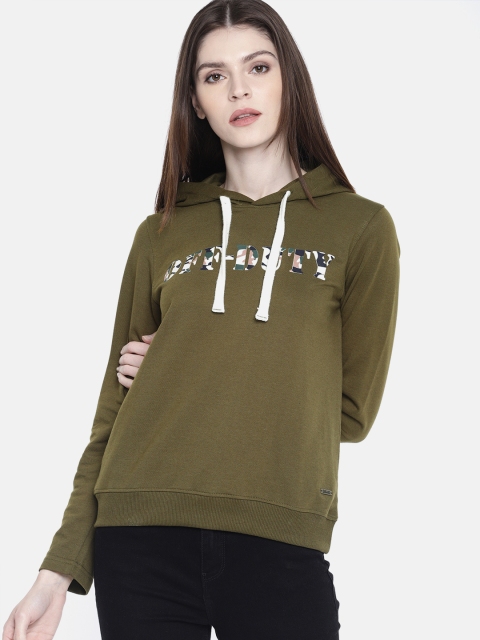 

Roadster Women Olive Green Printed Hooded Sweatshirt