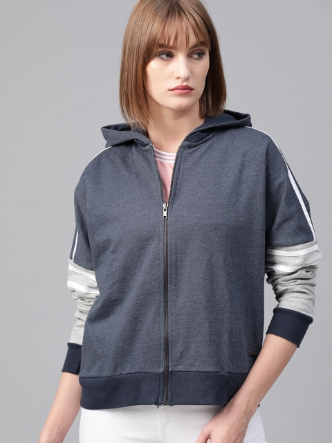 

Roadster Women Navy Blue Solid Hooded Sweatshirt