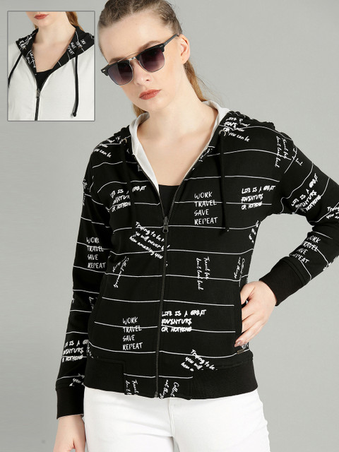 

Roadster Women Black & White Printed Hooded Reversible Sweatshirt