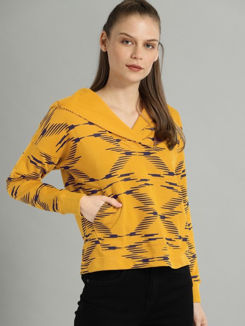 

Roadster Women Mustard Yellow & Navy Blue Printed Hooded Pullover Sweatshirt