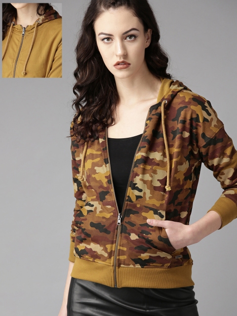 

Roadster Women Mustard Yellow & Brown Camouflage Printed Reversible Hooded Sweatshirt