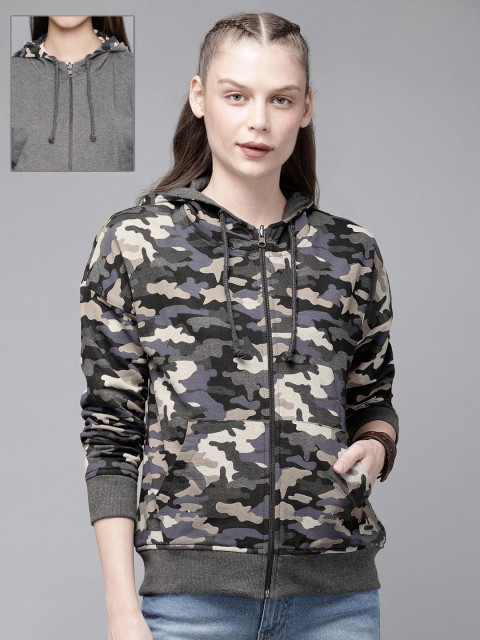 

Roadster Women Grey & Off White Camouflage Printed Reversible Hooded Sweatshirt