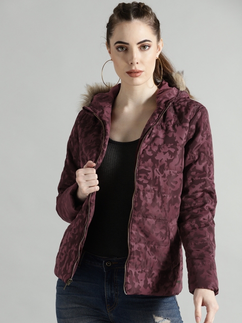 

Roadster Women Maroon Camouflage Printed Parka Jacket