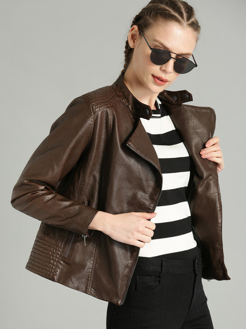

Roadster Women Coffee Brown Solid Biker Jacket