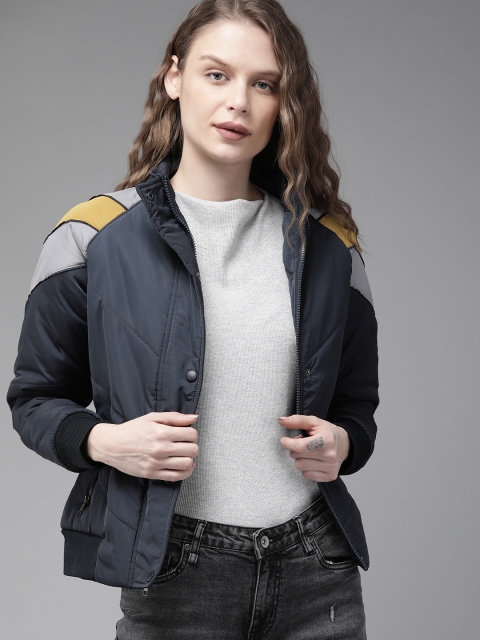 

Roadster Women Navyblue ,Yellow and White Colourblocked Jacket, Navy blue