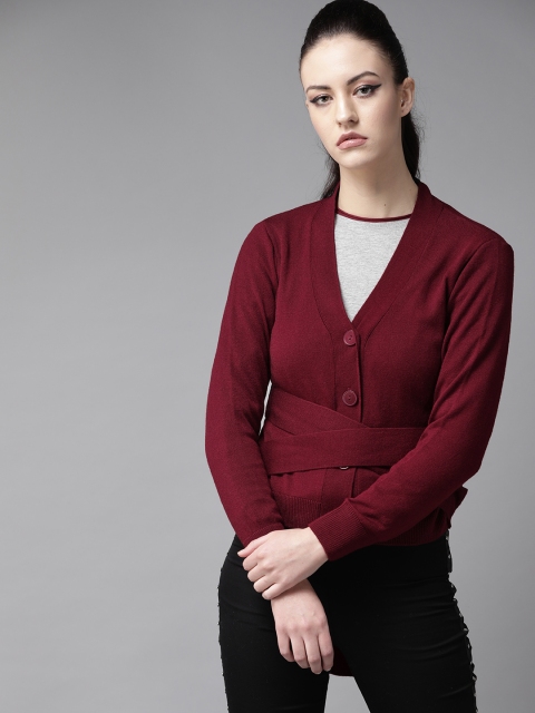 

Roadster Women Maroon Solid Waist Tie-up Cardigan