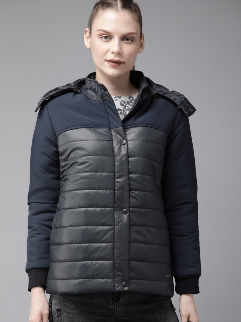 

Roadster Women Navy Blue Solid Detachable Hooded Padded Jacket