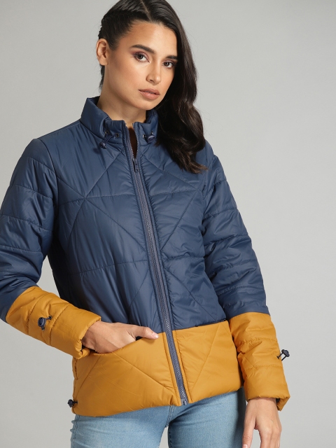 

Roadster Women Navy Blue & Mustard Yellow Colourblocked Quilted Jacket