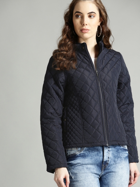 

Roadster Women Navy Solid Quilted Jacket, Navy blue