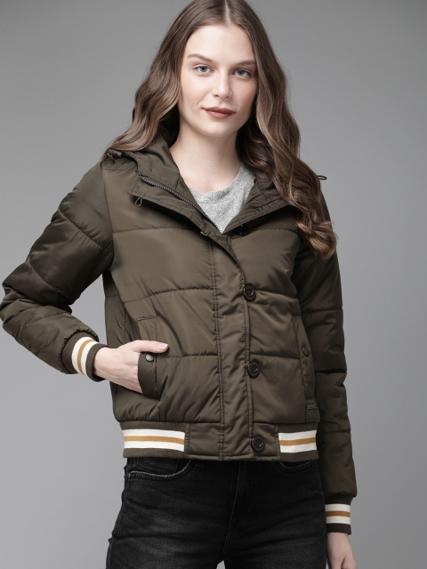 

Roadster Women Olive Green Solid Hooded Bomber Jacket