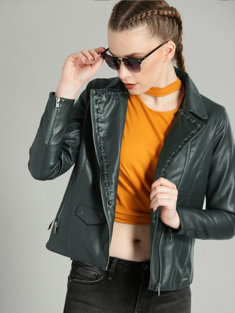 

Roadster Women Teal Green Solid Biker Jacket