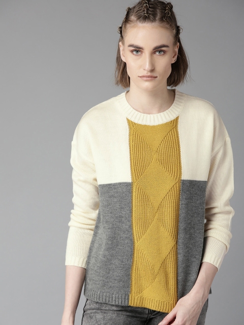

Roadster Women Off-White & Grey Colourblocked Sweater