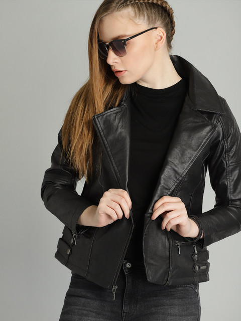 

The Roadster Lifestyle Co Women Black Solid Biker Jacket