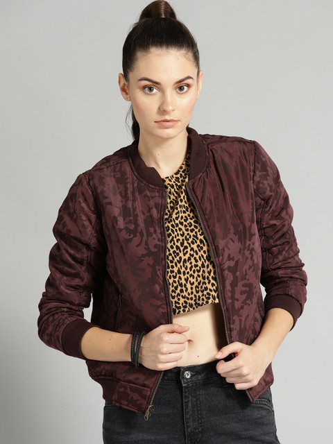 

Roadster Women Burgundy Printed Bomber Jacket