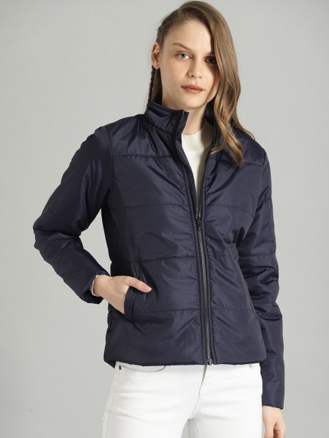 

Roadster Women Navy Blue & Black Checked Padded Jacket