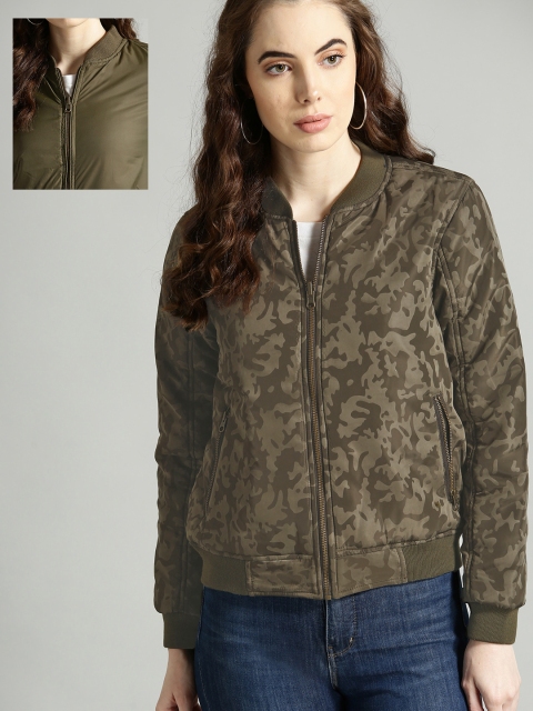 

Roadster Women Olive Green Reversible Printed Bomber Jacket