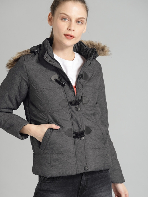 

Roadster Women Charcoal Grey Solid Detachable Hood Puffer Jacket